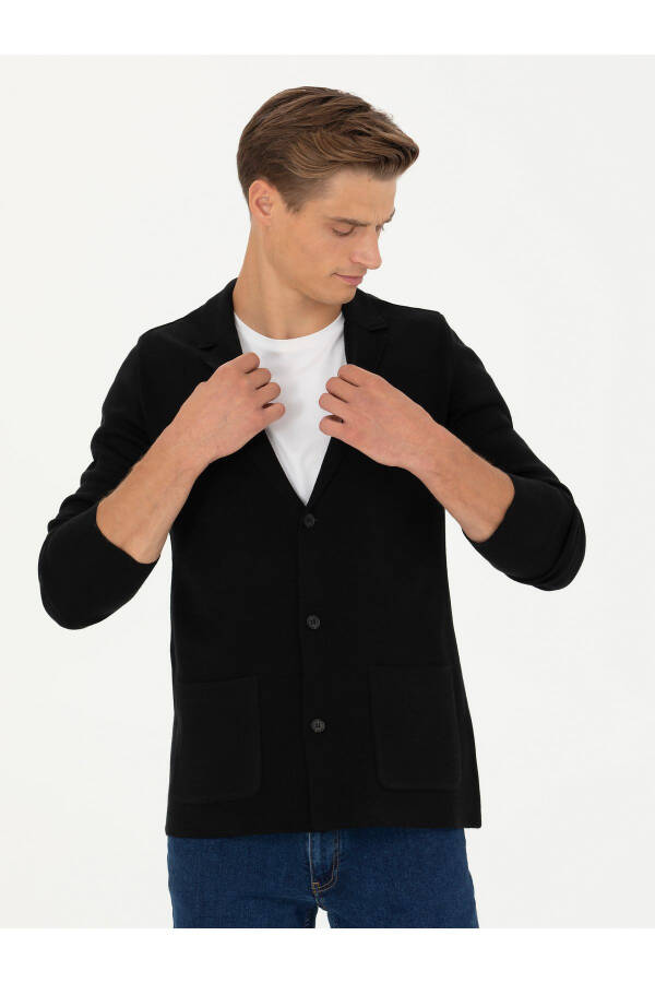 Black Slim Fit V-Neck Knit Cardigan - 3