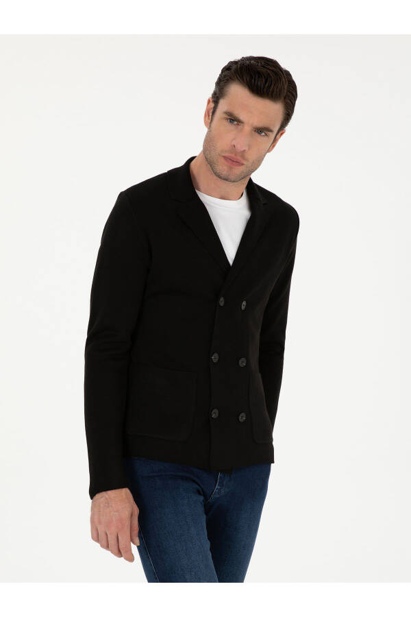 Black slim fit wool blend shawl collar knitted cardigan - 1