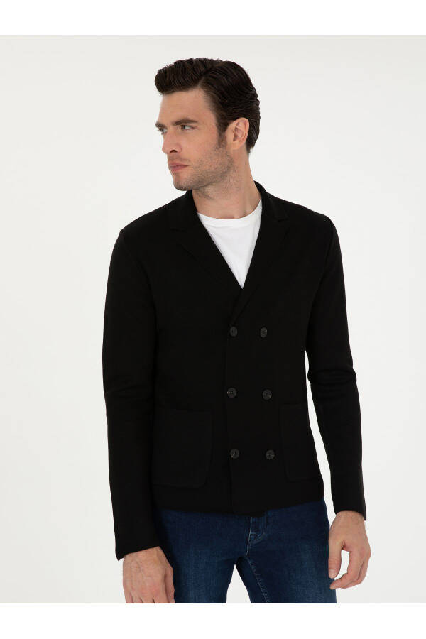 Black slim fit wool blend shawl collar knitted cardigan - 3