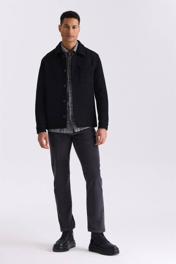 Black Slim Fit Wool Peacoat with Berberi Collar - 6