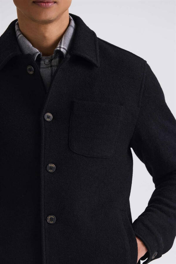 Black Slim Fit Wool Peacoat with Berberi Collar - 7