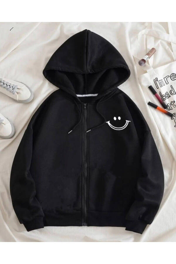 Black Smiley Printed Kids Hoodie - 1