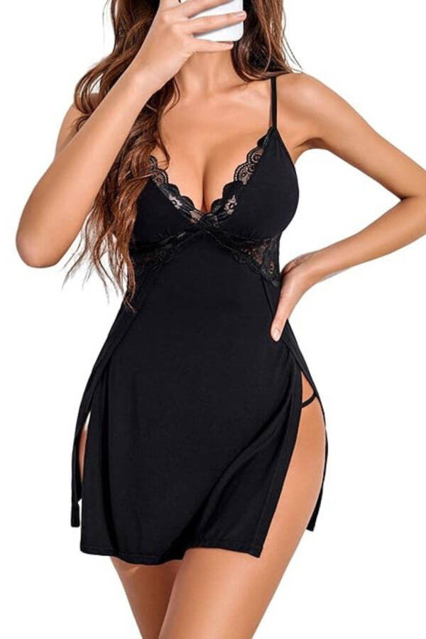 Black Strappy Slit Detail Nightgown 15543 - 2