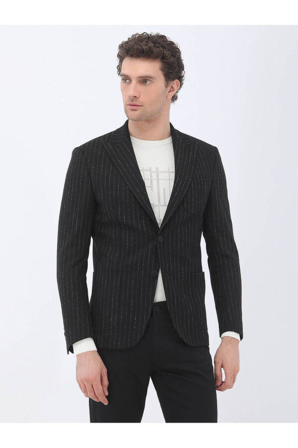 Black Striped Modern Fit Jacket - 2