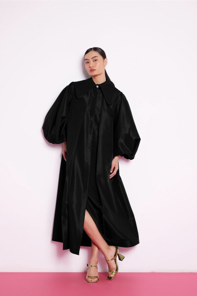 Black Taffeta Dress with Balloon Sleeves - 1