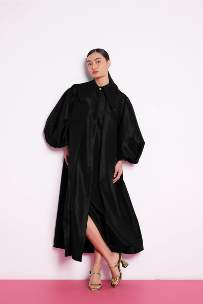 Black Taffeta Dress with Balloon Sleeves - 7