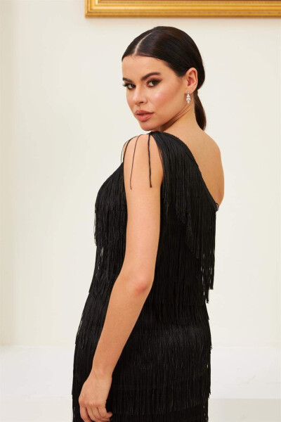 Black Tassel One-Shoulder Henna and After Party Dress - 4