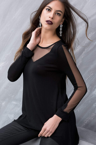 Black Tulle Detail Plus Size Blouse - 1