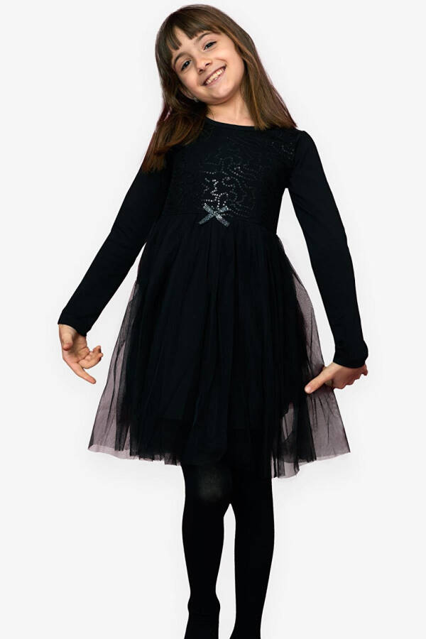 Black Tulle Dress with Sequins and Bow for Girls (4-6 Years) - 4