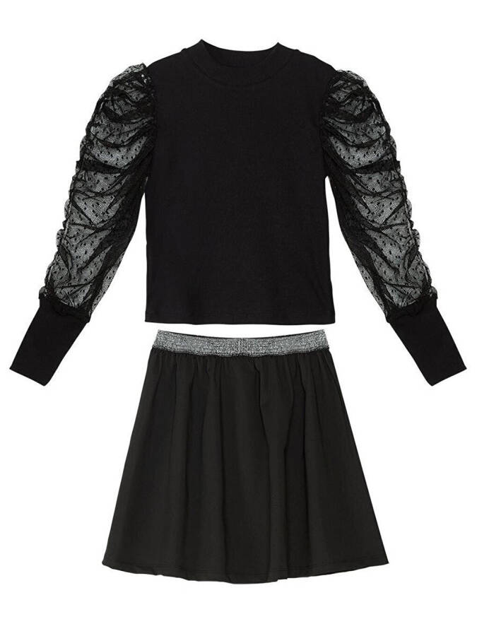 Black Tulle Girls Turtleneck Blouse Skirt Set - 3