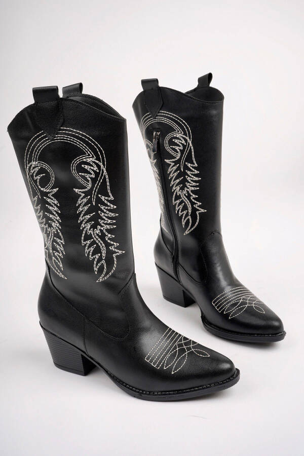 Black, white embroidered, zippered cowboy boots. - 1