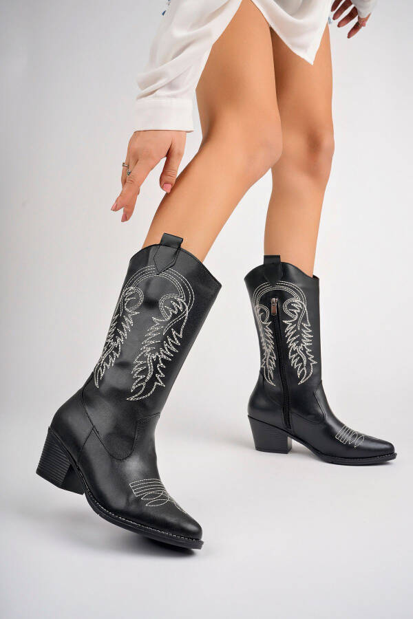 Black, white embroidered, zippered cowboy boots. - 2