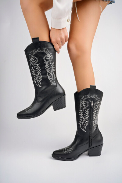 Black, white embroidered, zippered cowboy boots. - 3