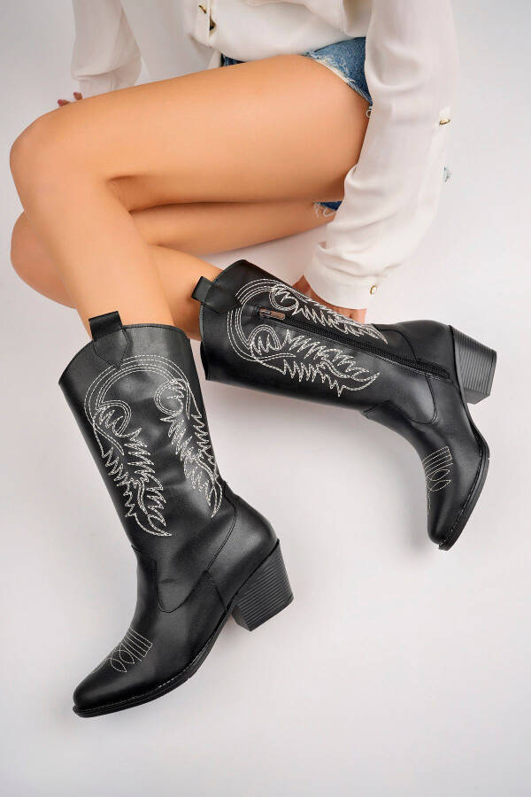 Black, white embroidered, zippered cowboy boots. - 4