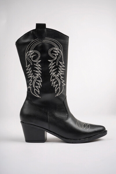 Black, white embroidered, zippered cowboy boots. - 5