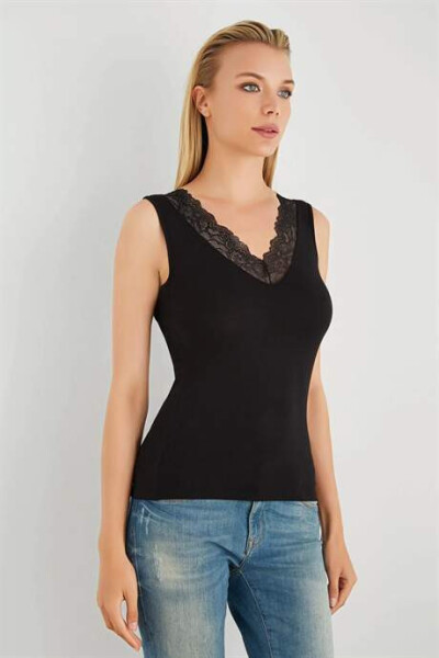 Black Women's V-Neck Lace Sleeveless T-Shirt 3 Pack - 11