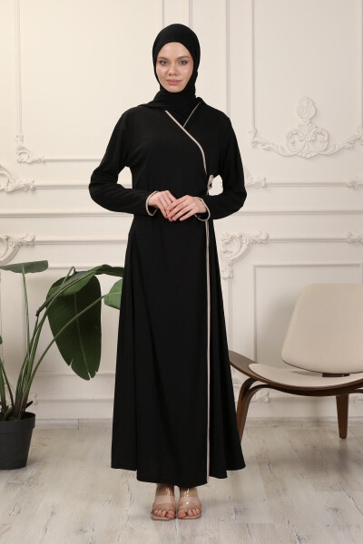 Black Wrap Collar Cuffed Flexible Interlock Fabric Prayer Dress - 2