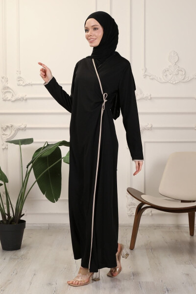 Black Wrap Collar Cuffed Flexible Interlock Fabric Prayer Dress - 3