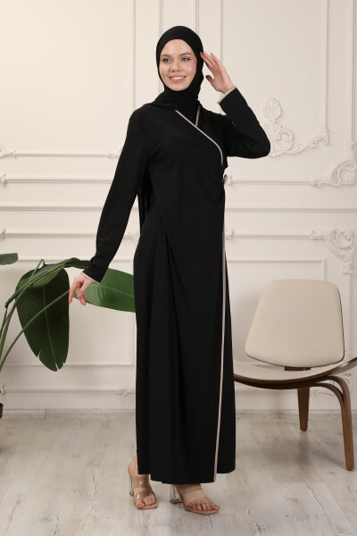 Black Wrap Collar Cuffed Flexible Interlock Fabric Prayer Dress - 4