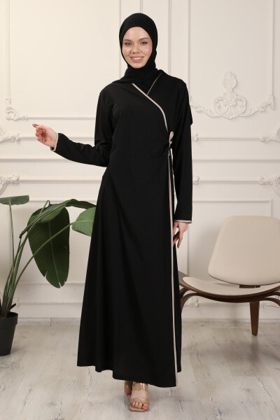 Black Wrap Collar Cuffed Flexible Interlock Fabric Prayer Dress - 6