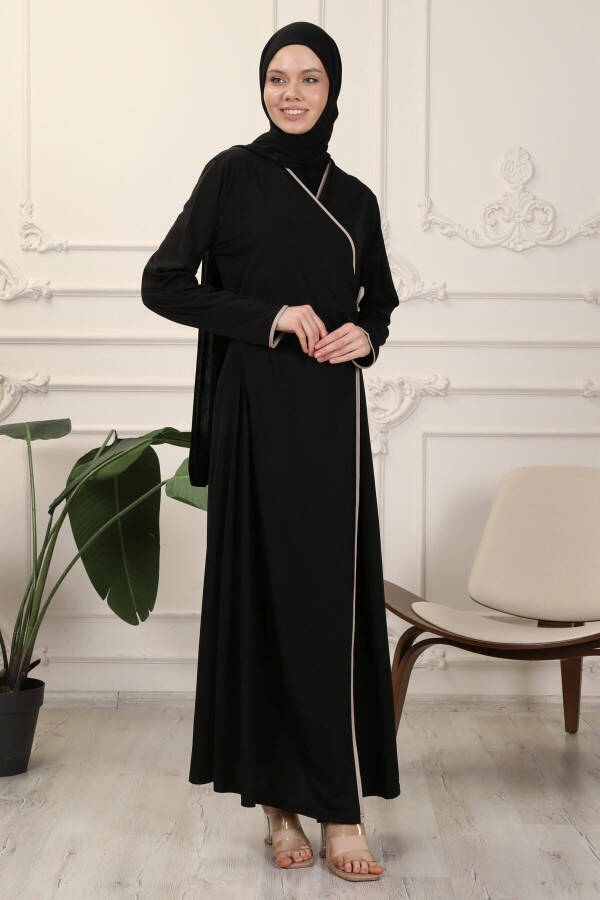 Black Wrap Collar Cuffed Flexible Interlock Fabric Prayer Dress - 7