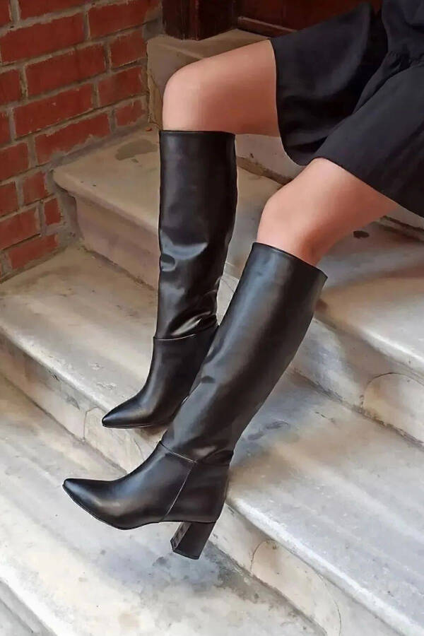 Black zipper knee-high heeled boots. - 6