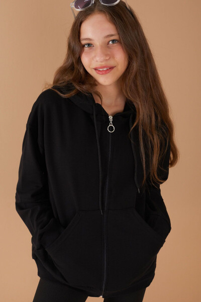 Black Zippered Basic Girl's Hooded School Jacket 19203 - 14