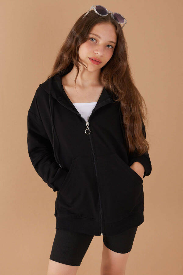 Black Zippered Basic Girl's Hooded School Jacket 19203 - 15