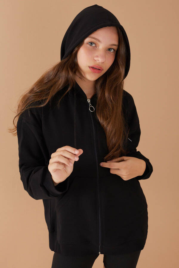 Black Zippered Basic Girl's Hooded School Jacket 19203 - 12