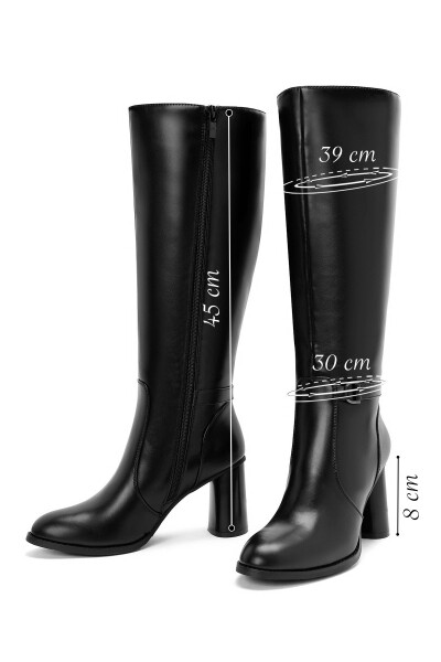 Black zippered, chunky heeled leather boots. - 6