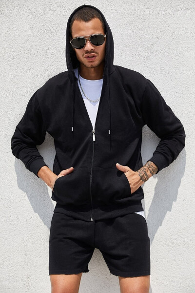 Black Zippered Hooded Men's Sweatshirt - 18