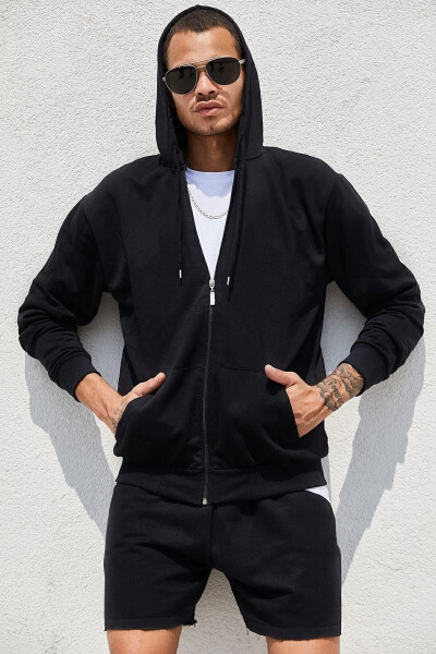 Black Zippered Hooded Men's Sweatshirt - 8