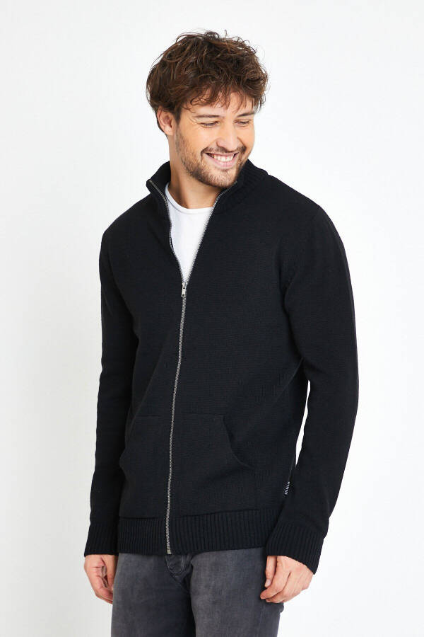 Black Zippered Knit Cardigan with Pocket - 3