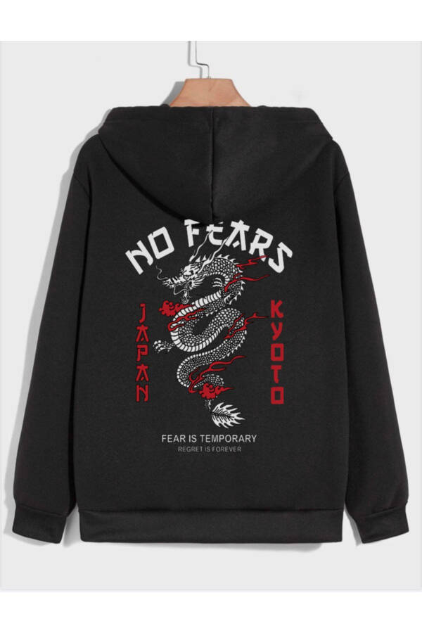 Black Zippered No Fears Dragon Print Hoodie - 2