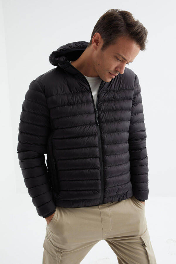 Black Zippered Standard Fit Cold-Resistant Men's Puffer Jacket - 88167 - 21