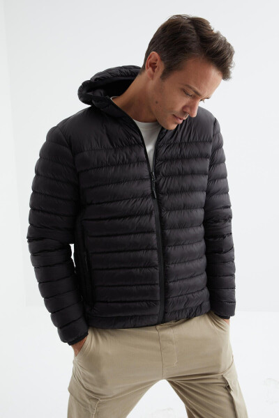 Black Zippered Standard Fit Cold-Resistant Men's Puffer Jacket - 88167 - 13