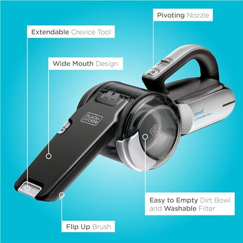 BLACK+DECKER dustbuster PIVOT VAC Cordless Handheld Vacuum, Home and Car Vacuum with Crevice Tool and Pivot Nozzle (BDH2000PL) - 3