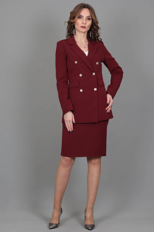 Blazer Jacket & Pencil Skirt Suit - Burgundy - 17