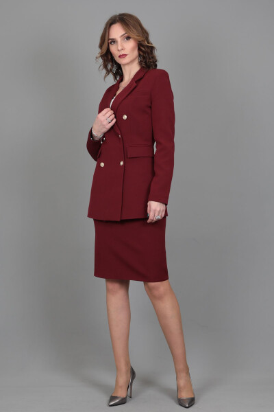 Blazer Jacket & Pencil Skirt Suit - Burgundy - 20