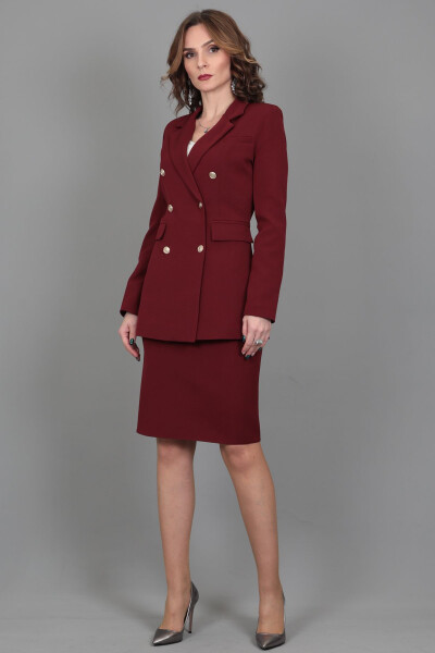 Blazer Jacket & Pencil Skirt Suit - Burgundy - 21