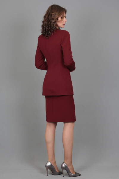 Blazer Jacket & Pencil Skirt Suit - Burgundy - 23