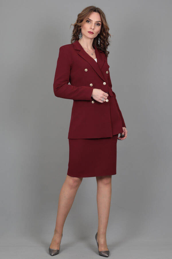 Blazer Jacket & Pencil Skirt Suit - Burgundy - 14