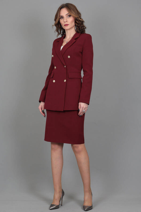 Blazer Jacket & Pencil Skirt Suit - Burgundy - 5