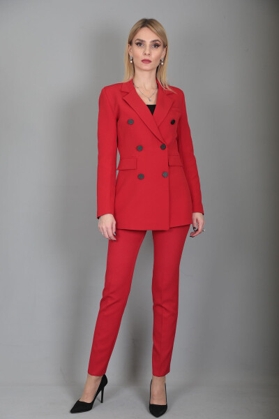 Blazer Jacket & Wide Leg Pants Set - Red - 20