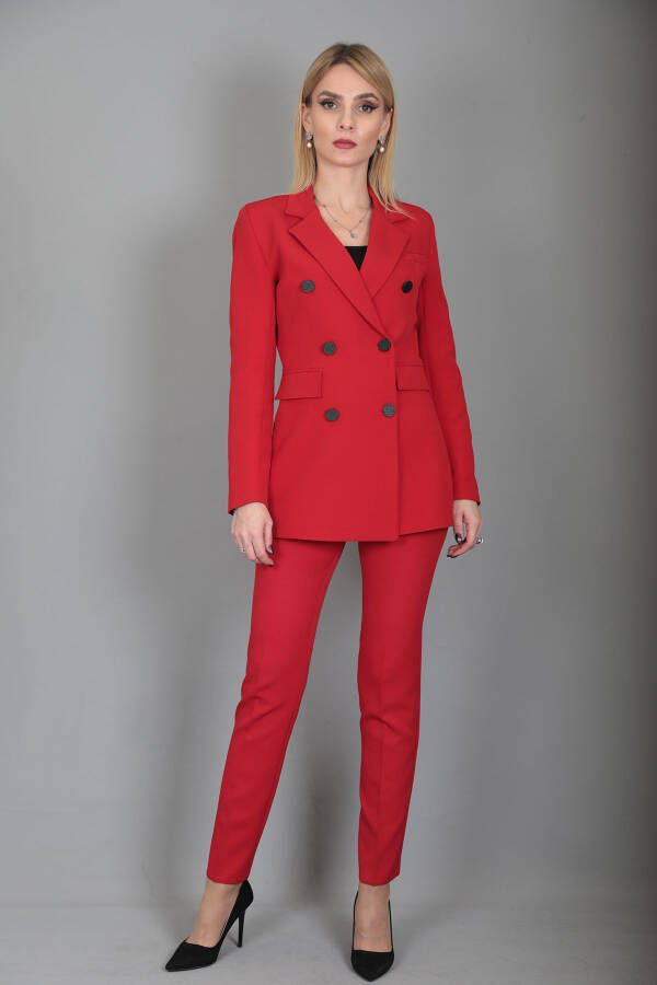 Blazer Jacket & Wide Leg Pants Set - Red - 21