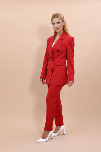 Blazer Jacket & Wide Leg Pants Set - Red - 7