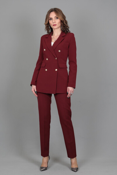 Blazer Jacket & Wide Leg Pants Suit - Burgundy - 16