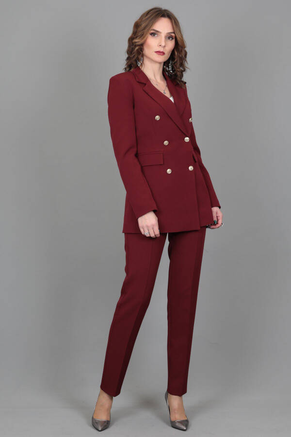 Blazer Jacket & Wide Leg Pants Suit - Burgundy - 17