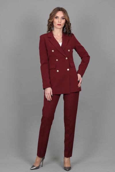 Blazer Jacket & Wide Leg Pants Suit - Burgundy - 18