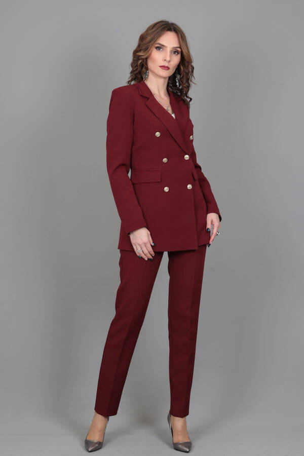 Blazer Jacket & Wide Leg Pants Suit - Burgundy - 19